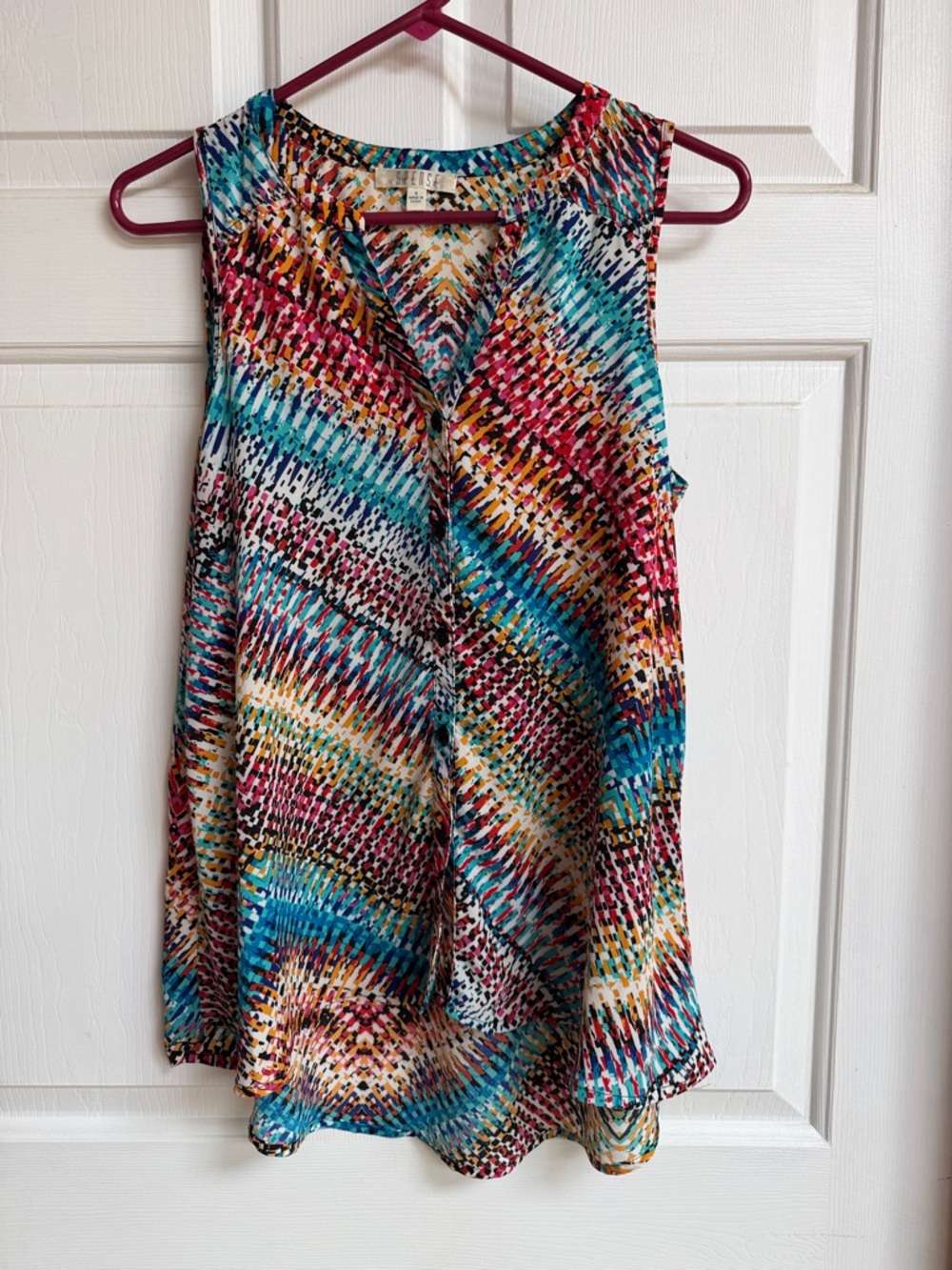 Spense Multicolor Sleeveless V-Neck Tank - Teal, Pink & Yellow